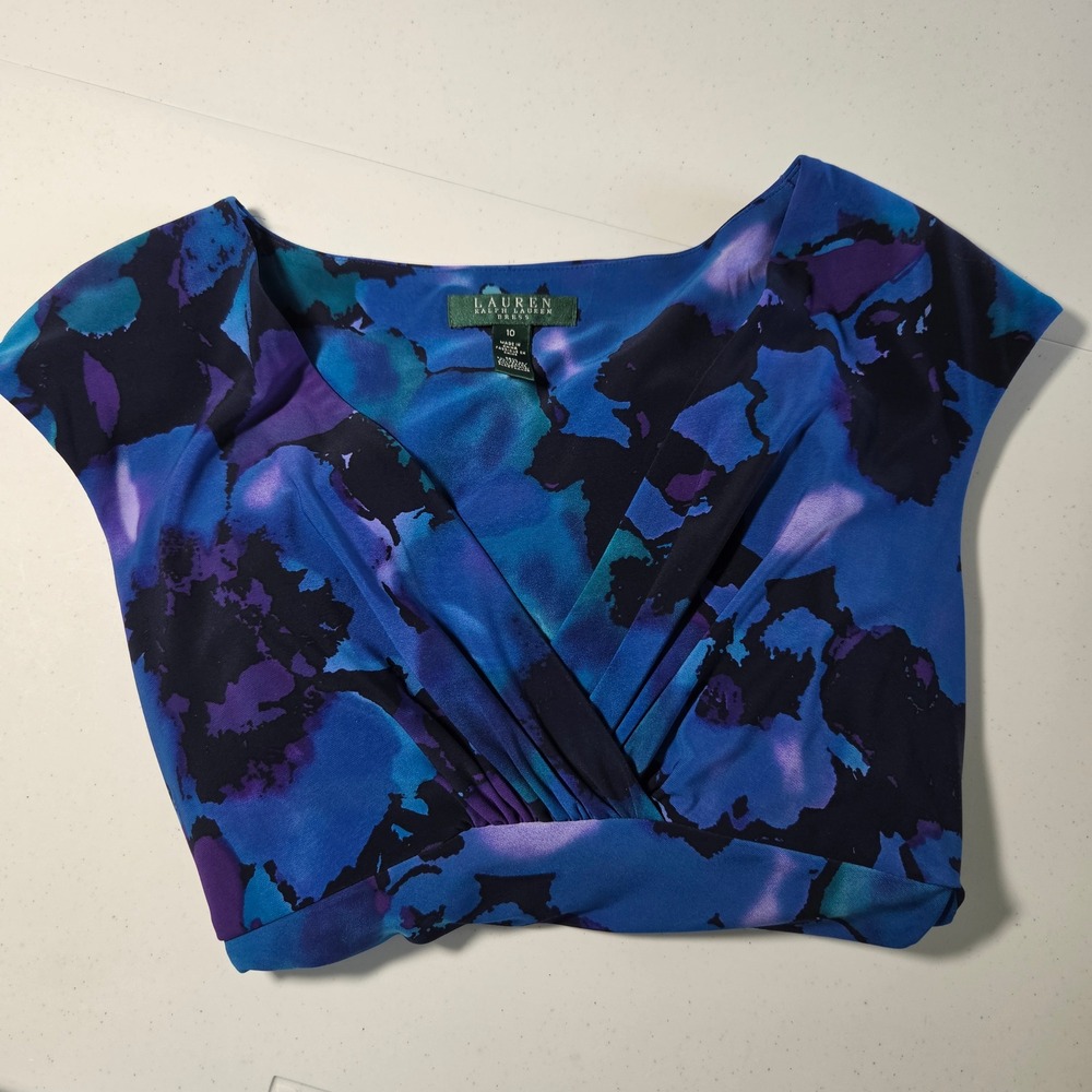 Lauren Ralph Lauren Blue Purple Abstract Floral Ruched Sheath Dress Size 10 - Picture 9 of 11